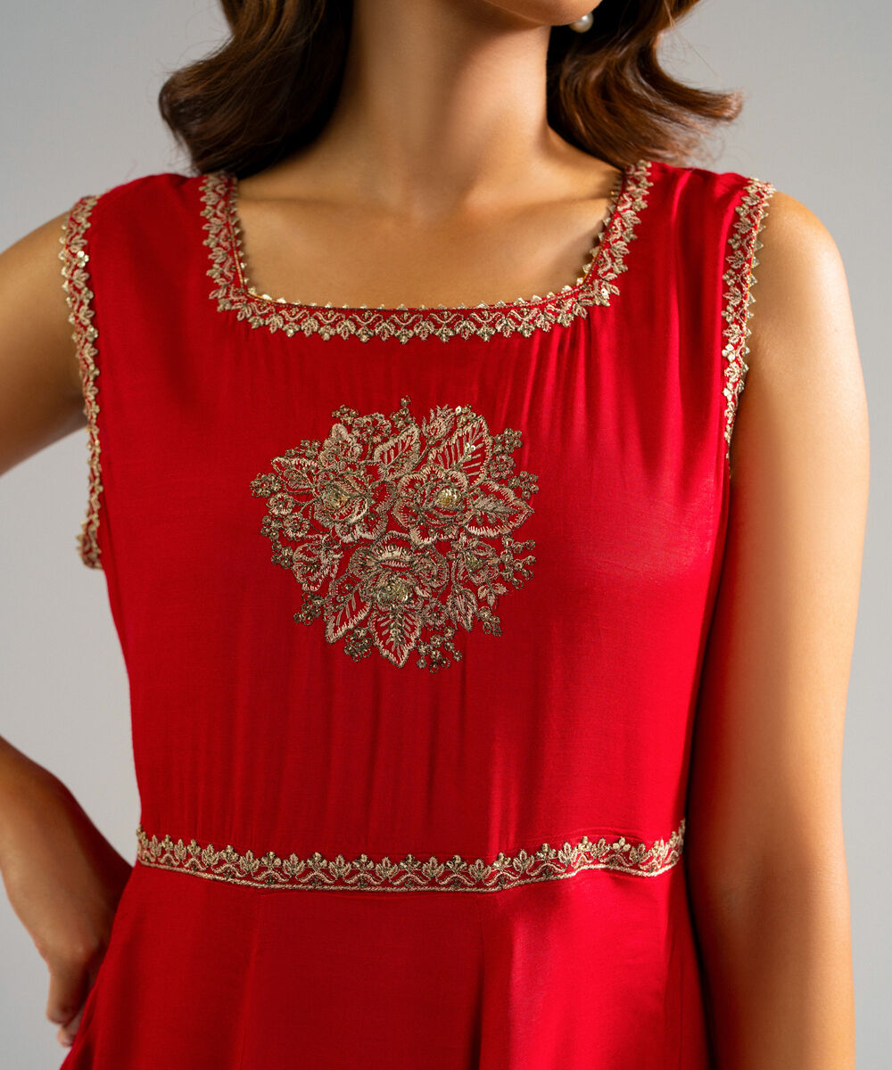 Women's RTW Raw Silk Embroidered Red 2 Piece Suit