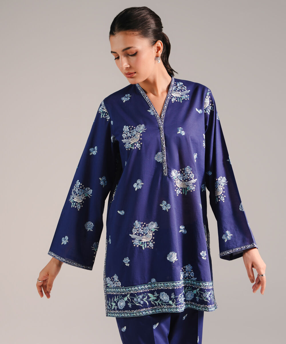 Women's RTW Slub Lawn Embroidered Dark Blue 2 Piece Suit