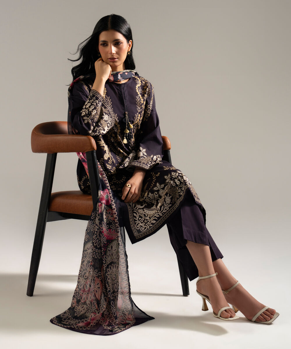 Women's RTW Slub Lawn Printed Black 3 Piece Suit
