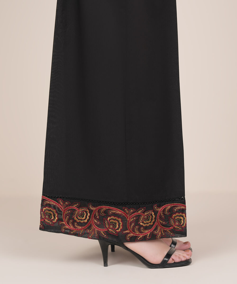 Women's RTW Cambric Black Embroidered Flared Pants
