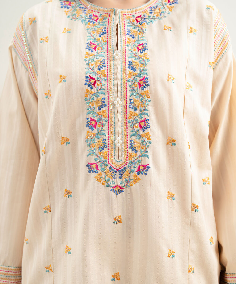 Women's RTW Dobby Embroidered Beige 2 Piece Suit