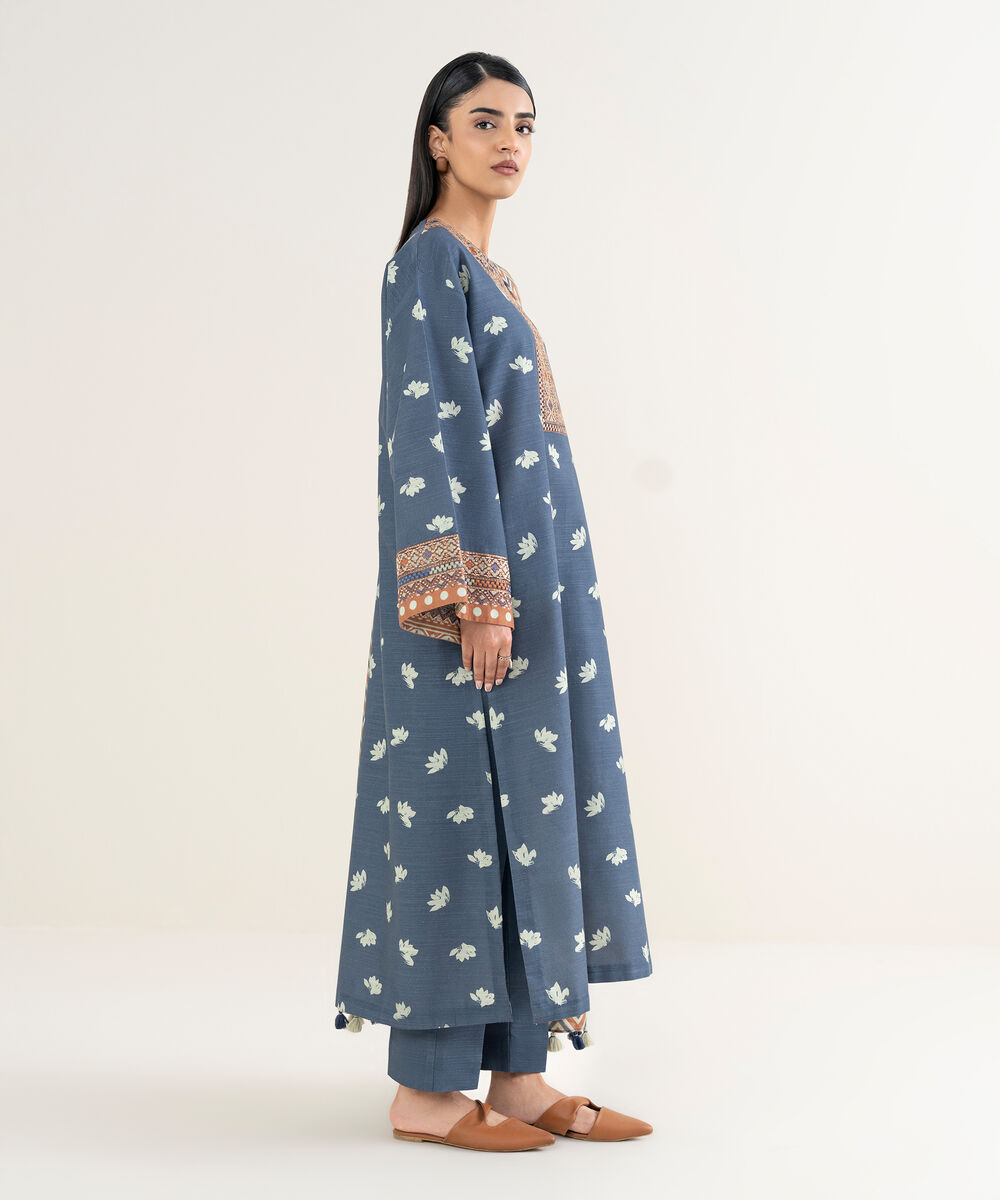 Women's Unstitched Printed Khaddar Blue and Off White 3 Piece Suit