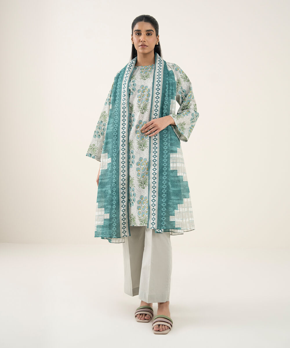 Women's Unstitched Lawn Printed Green 3 Piece Suit