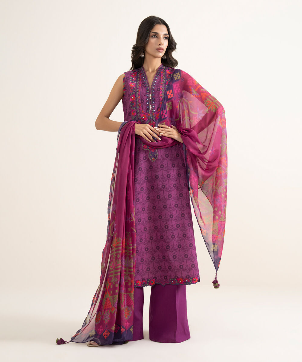 Women's Unstitched Lawn Embroidered Purple 3 Piece Suit