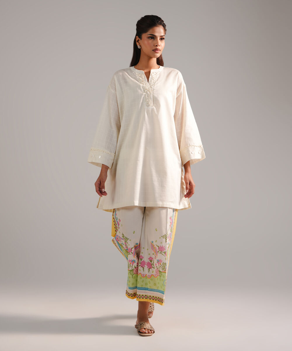 Women's RTW Dobby Embroidered Off White 2 Piece Suit