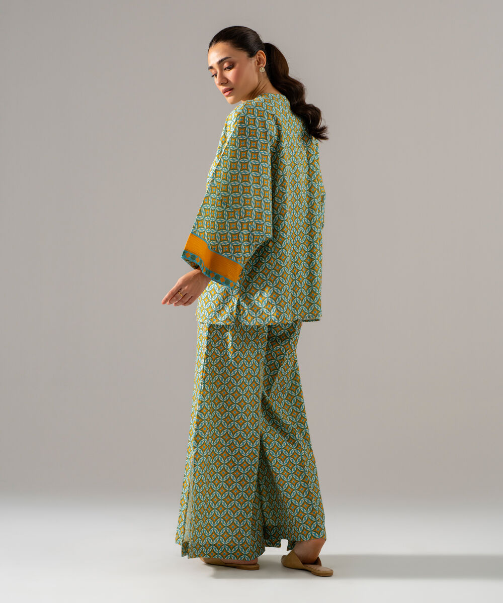 Women's RTW Seersucker Printed Mustard Yellow 2 Piece Suit