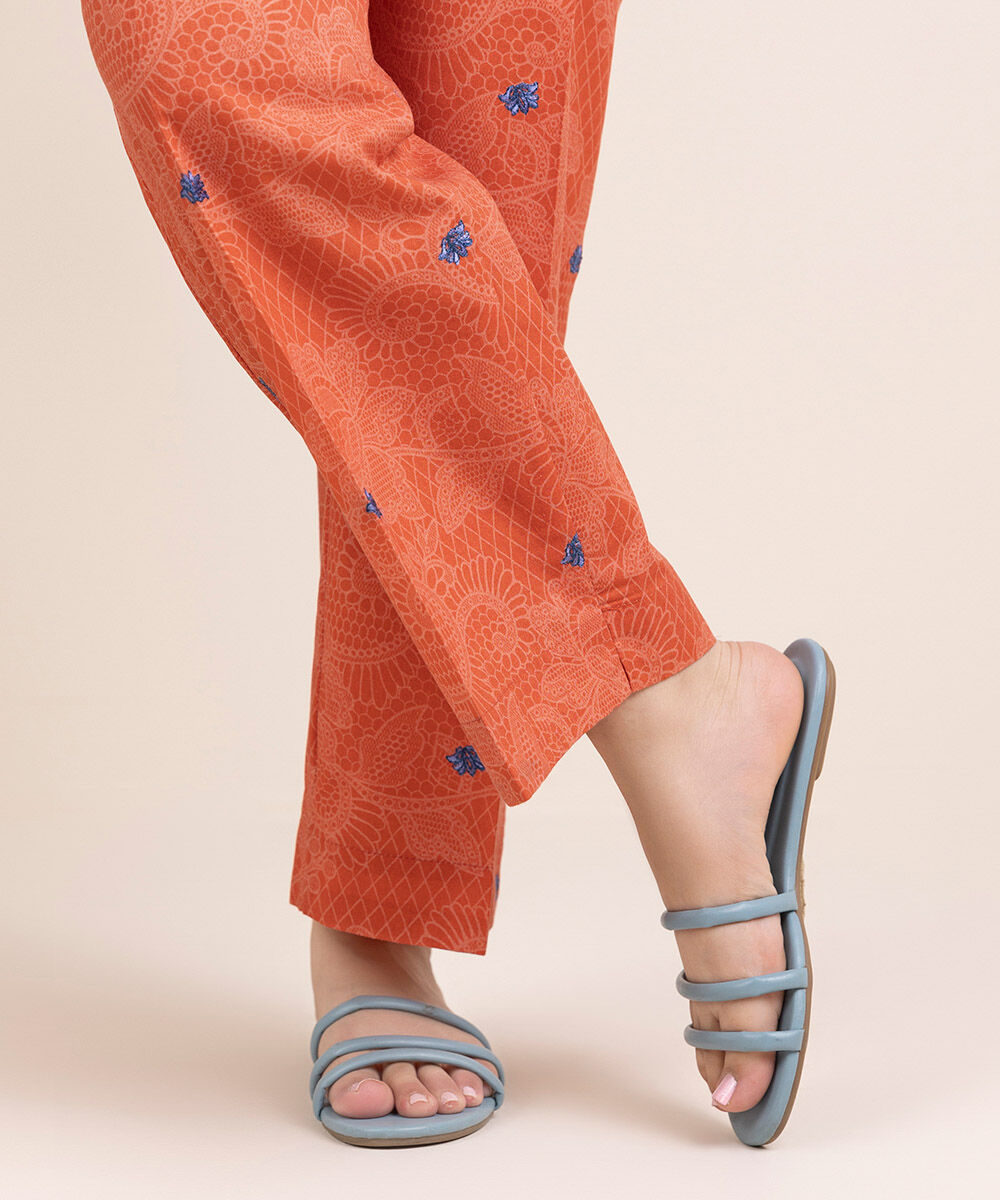 Woman - Orange Embroidered Cambric Straight Pants