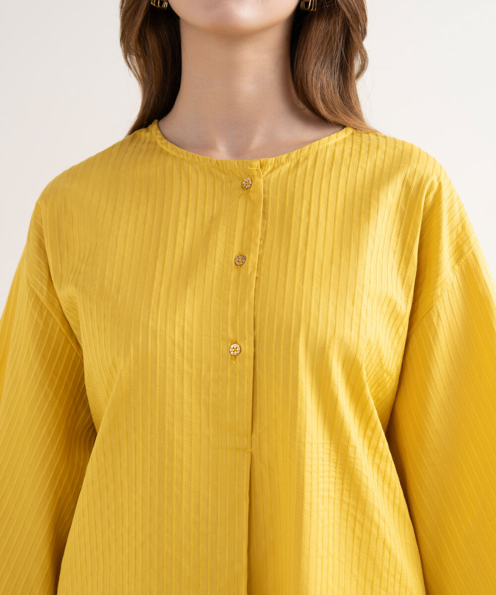 Women's RTW Handwoven Dobby Solid Straight Yellow Shirt