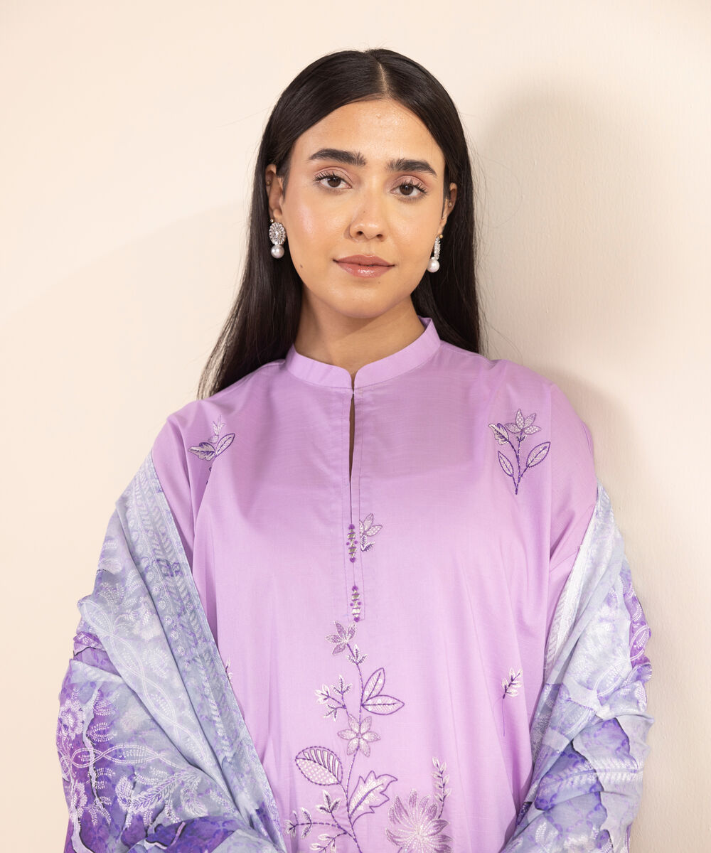 Women's Unstitched Lawn Embroidered Purple 3 Piece Suit