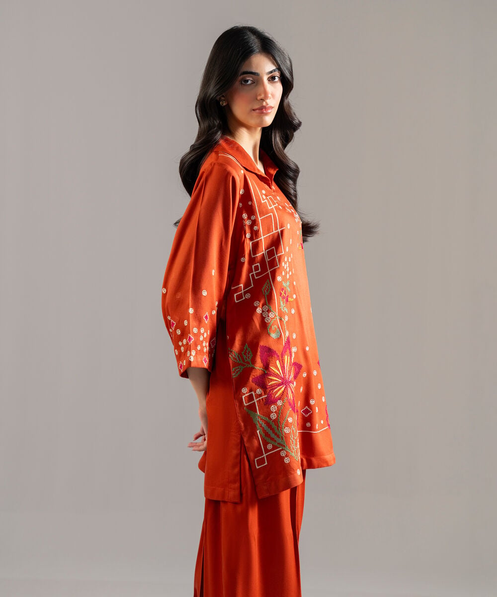 Women's RTW Bedford Solid Embroidered Rust Straight Shirt