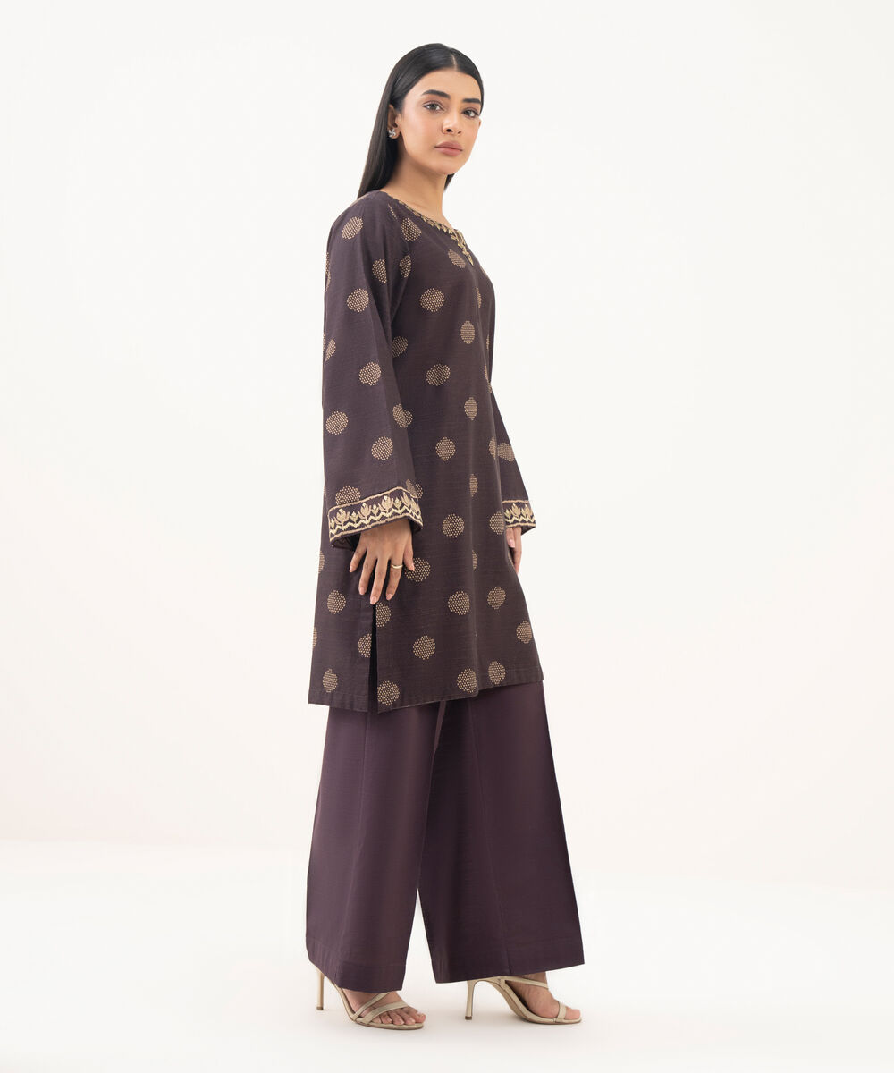 Women's RTW Light Khaddar Embroidered Brown Straight Shirt