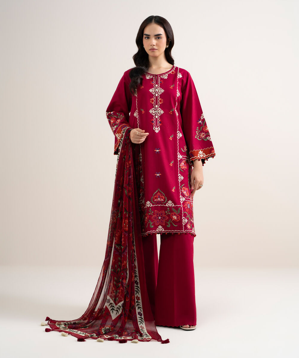 Women's Unstitched Dobby Embroidered Red 3 Piece Suit