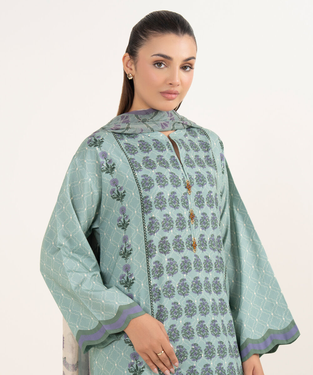 Women's Unstitched Cotton Printed Green Three Piece Suit
