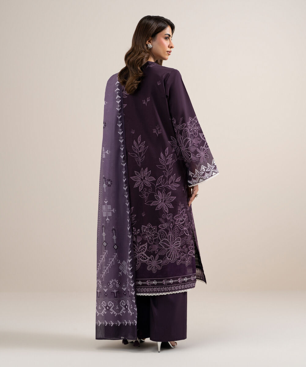 Women's Unstitched Lawn Embroidered Purple 3 Piece Suit