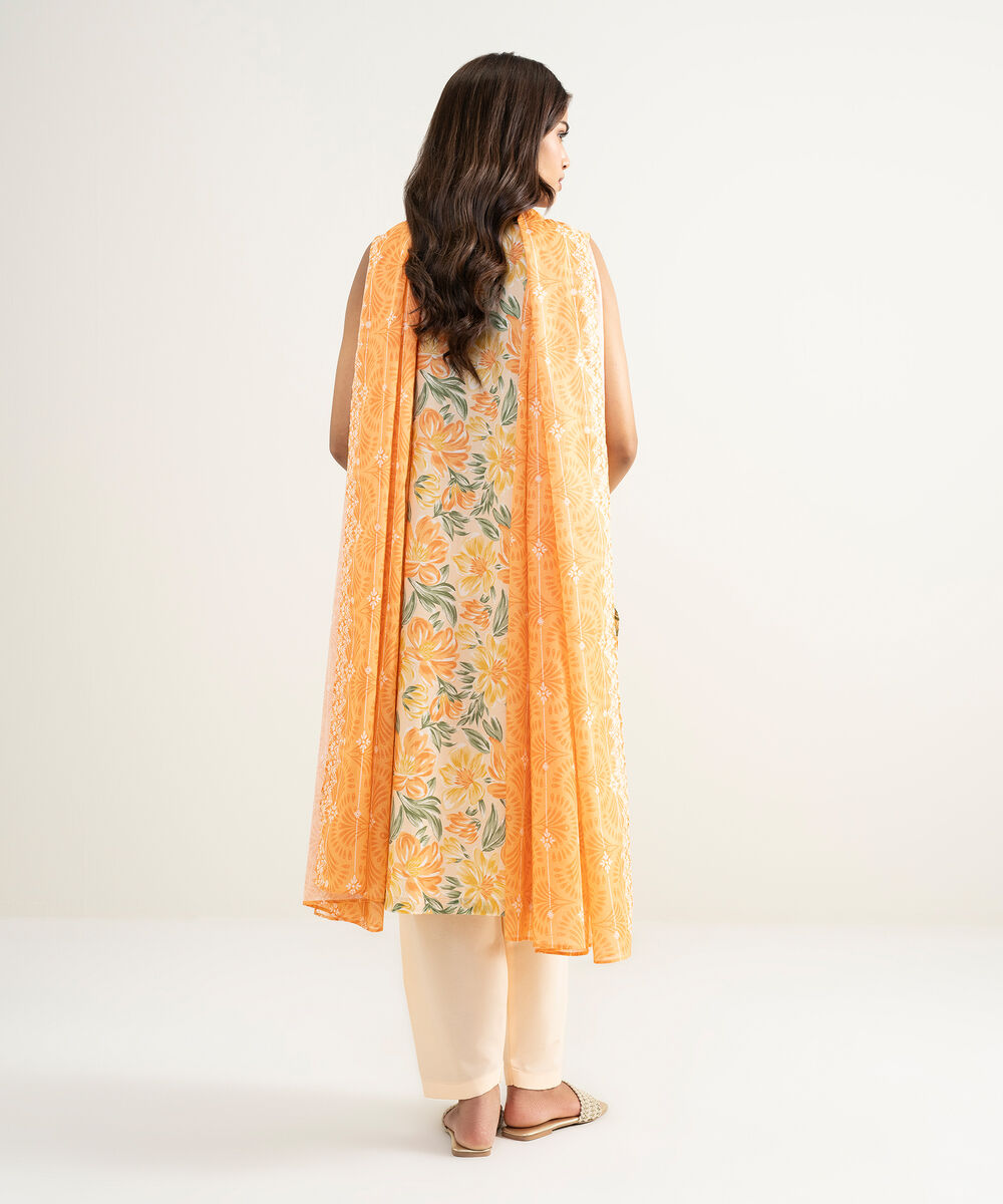 Women's RTW Cambric Printed Orange 3 Piece Suit