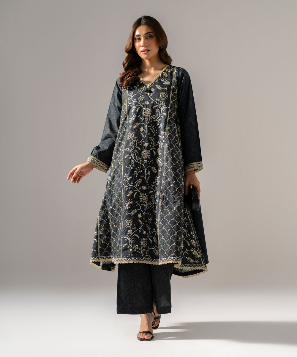 Women's RTW Cambric Printed Embroidered Black 2 Piece Suit