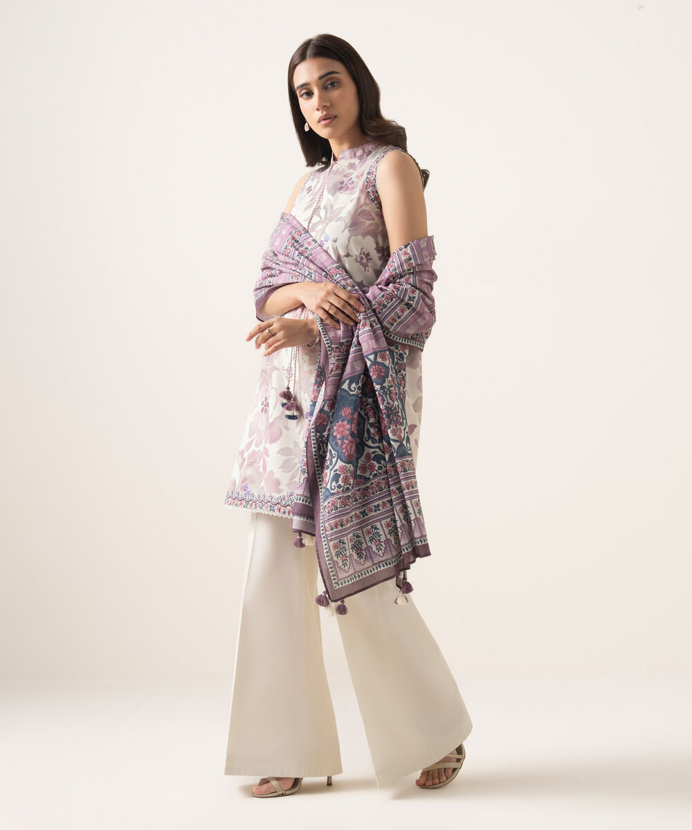 Women's Unstitched Textured Lawn Embroidered Purple 3 Piece Suit