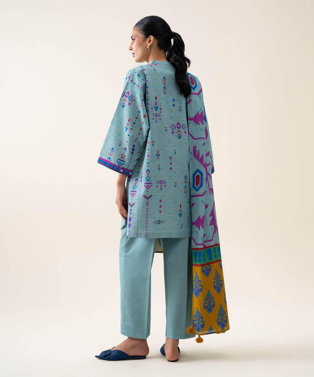 Womens Unstitched Premium Khaddar Printed Light Blue 3 Piece Suit