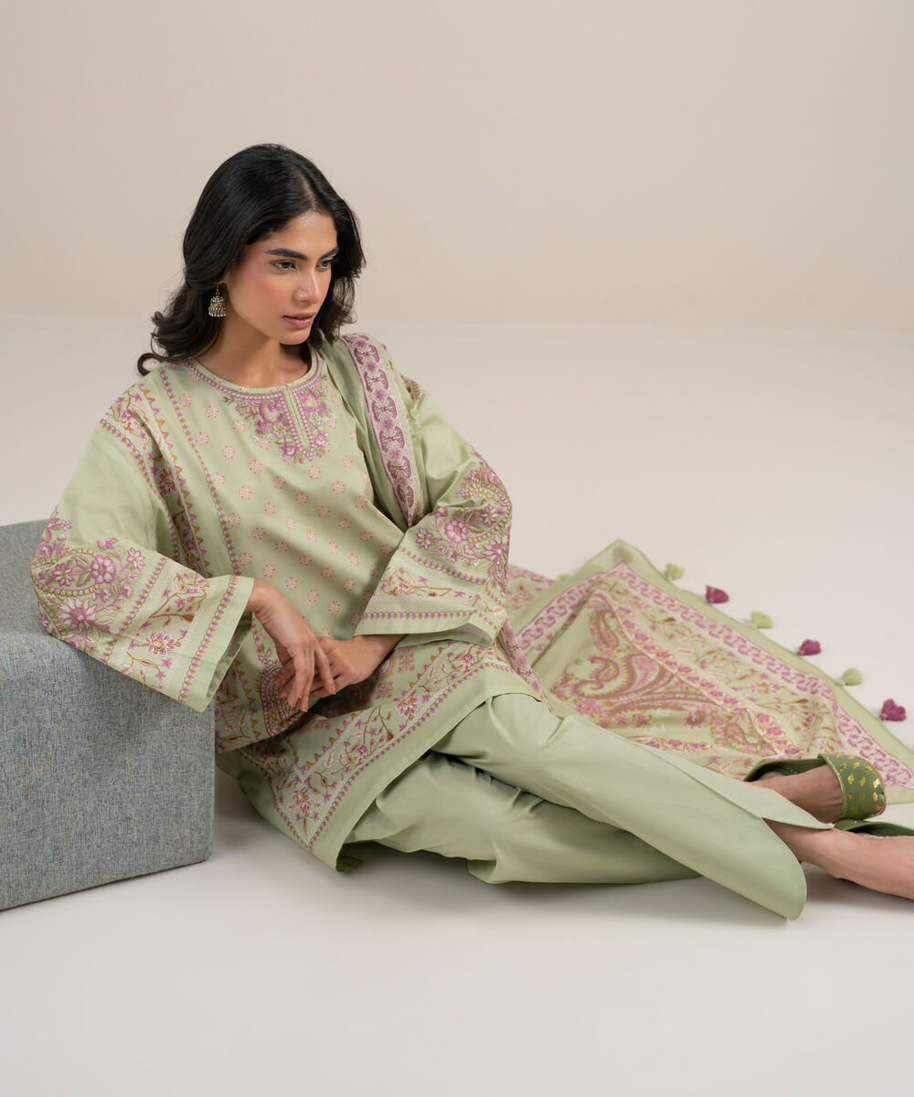 Women's Unstitched Lawn Embroidered Light Green 3 Piece Suit