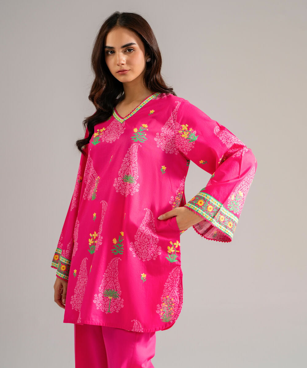 Women's RTW Slub Lawn Printed Pink Straight Shirt