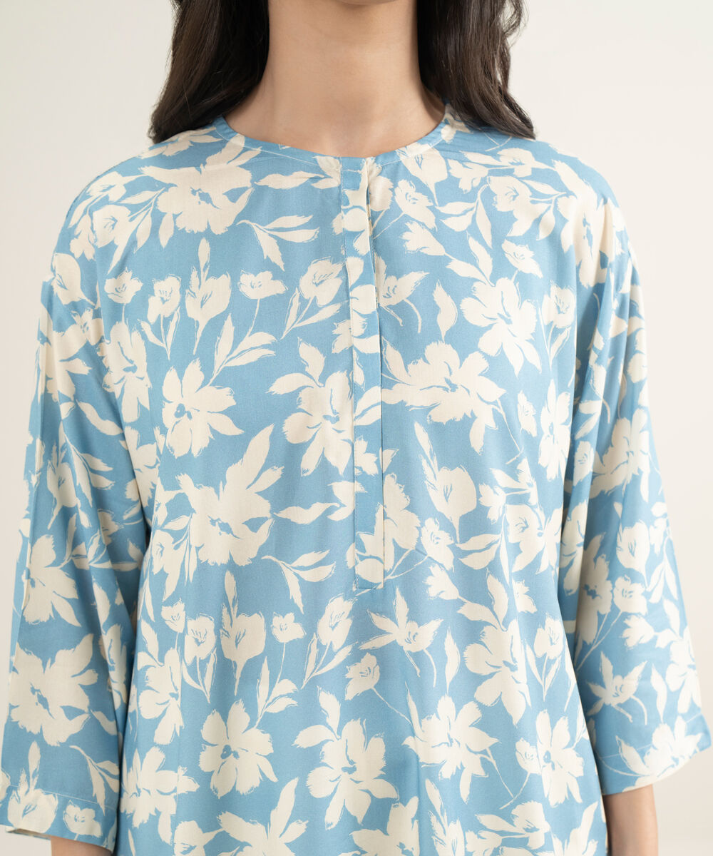 Women's RTW Arabic Cambric Printed Blue Drop Shoulder Shirt