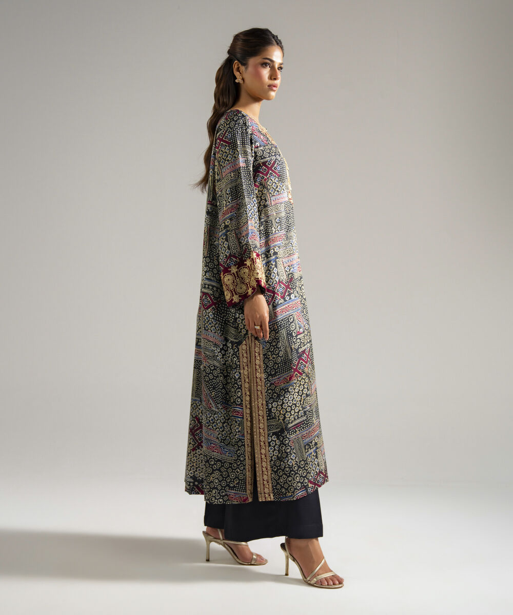 Women's RTW Bright Raw Silk Embroidered Black 3 Piece Suit
