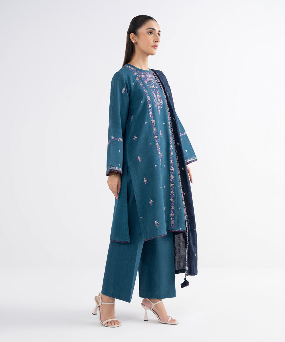 Women's Unstitched Cross Hatch Embroidered Blue 3 Piece Suit