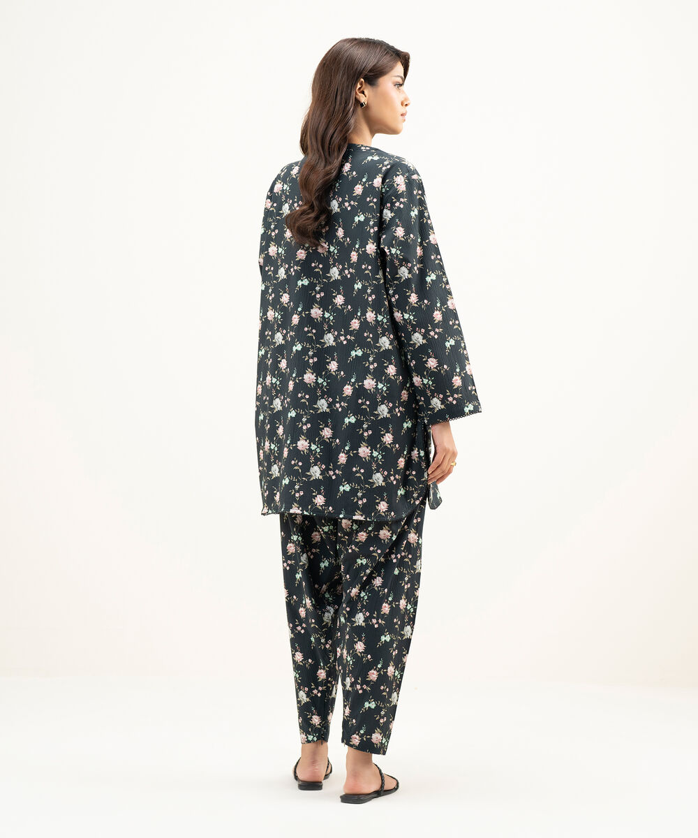 Women's RTW Seersucker Printed Black Straight Shirt