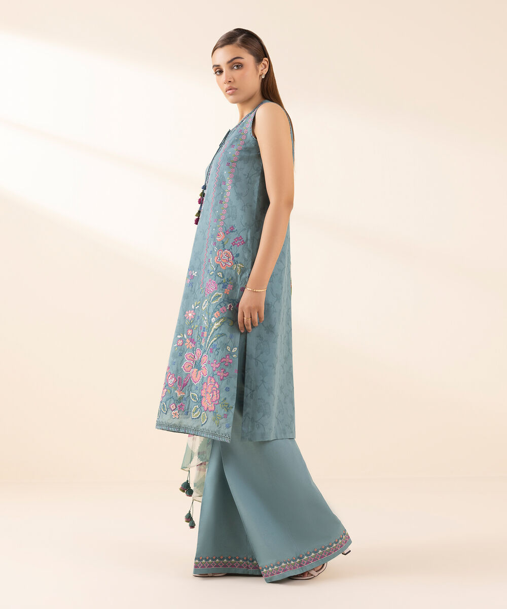 Women's Unstitched Cotton Jacquard Embroidered Blue 3 Piece Suit