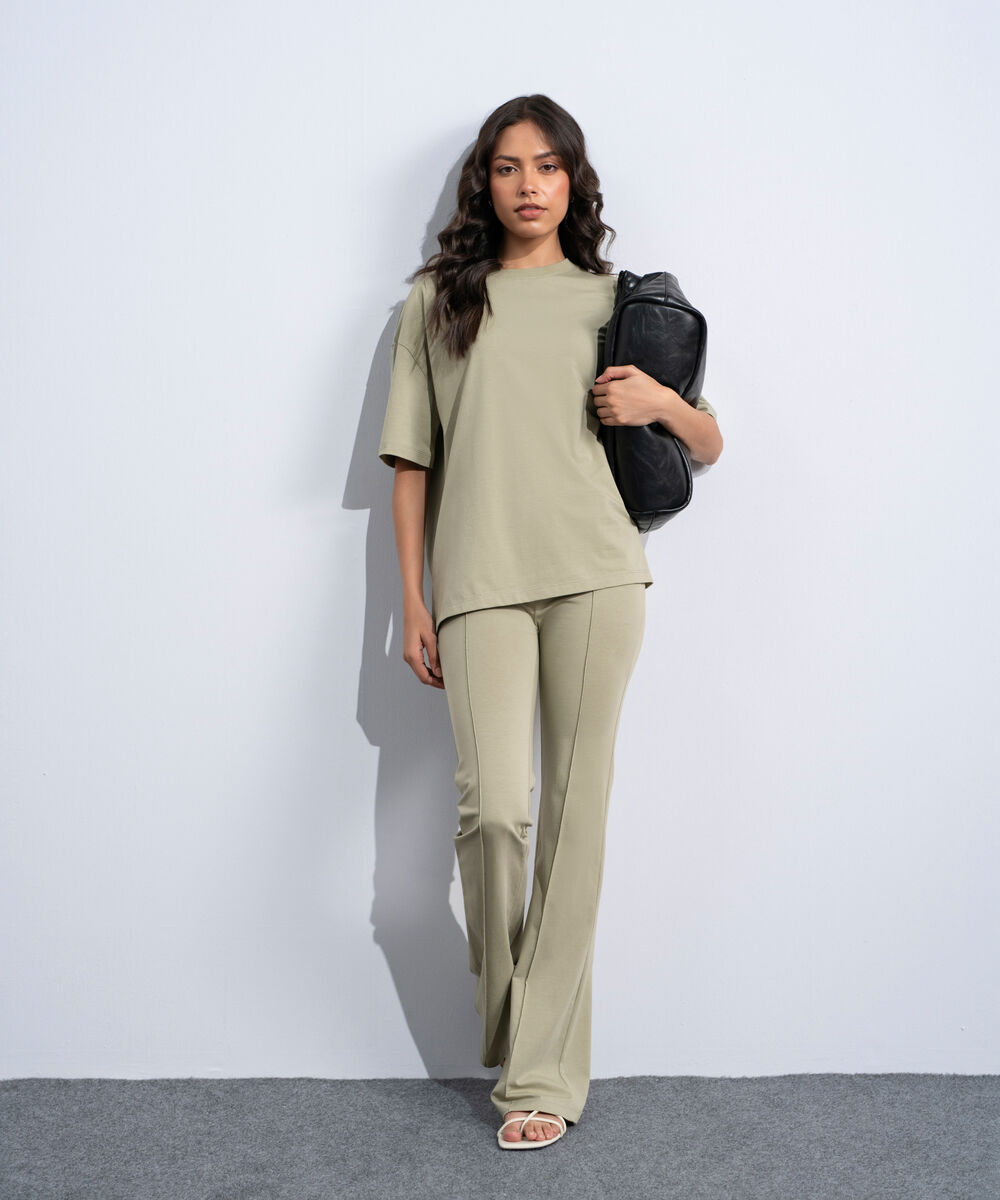 Women's Western Sage Green Stretchy Flared Trousers