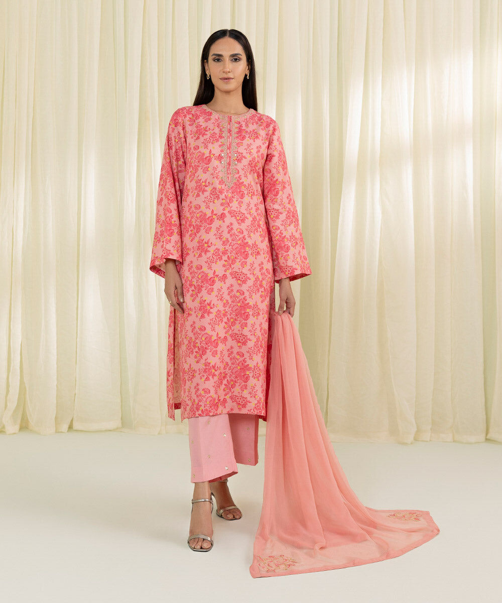 Women Pink Viscose Raw Silk 3 PC Embroidered Suit