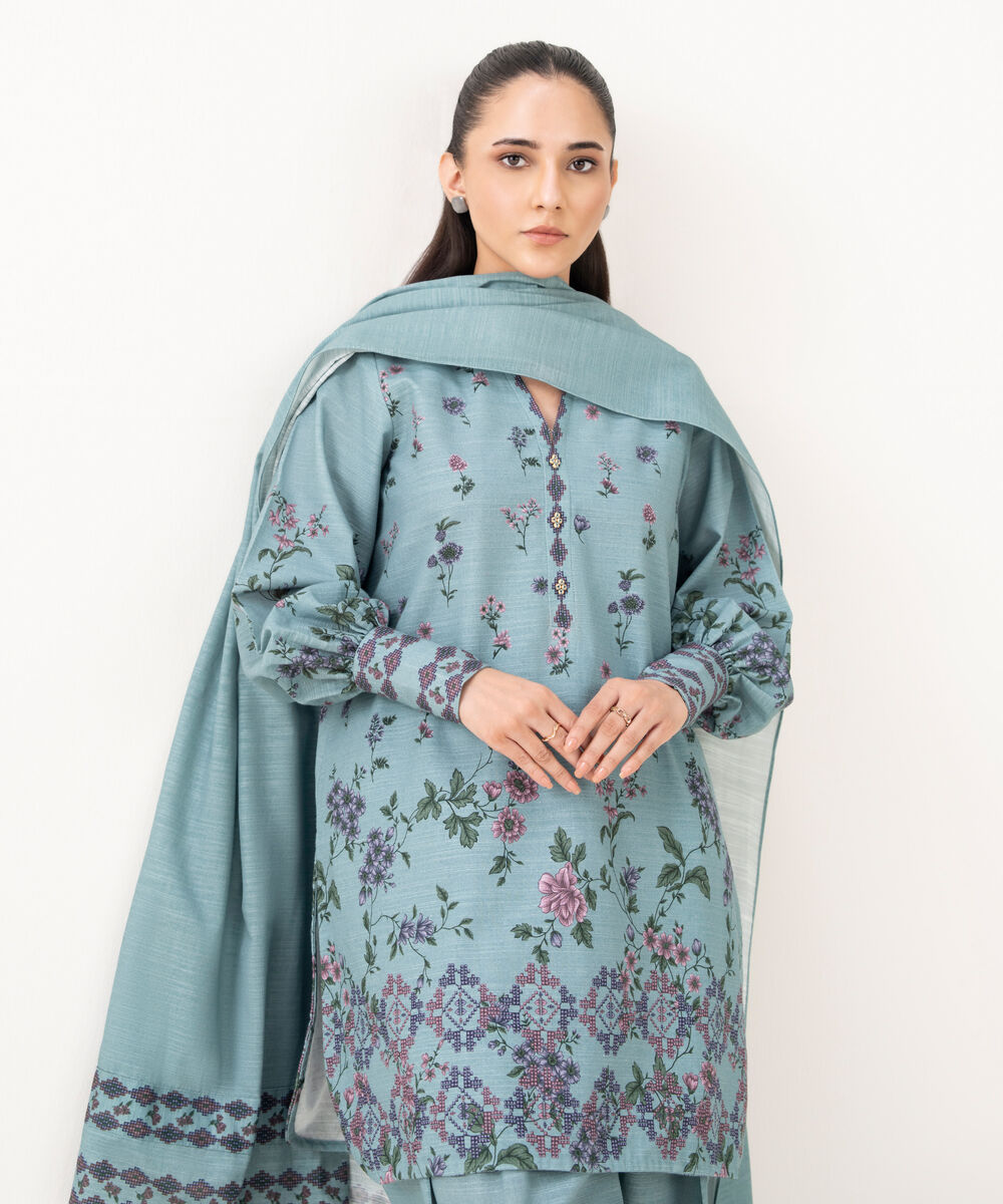 Women's Unstitched Khaddar Printed Blue 3 Piece Suit