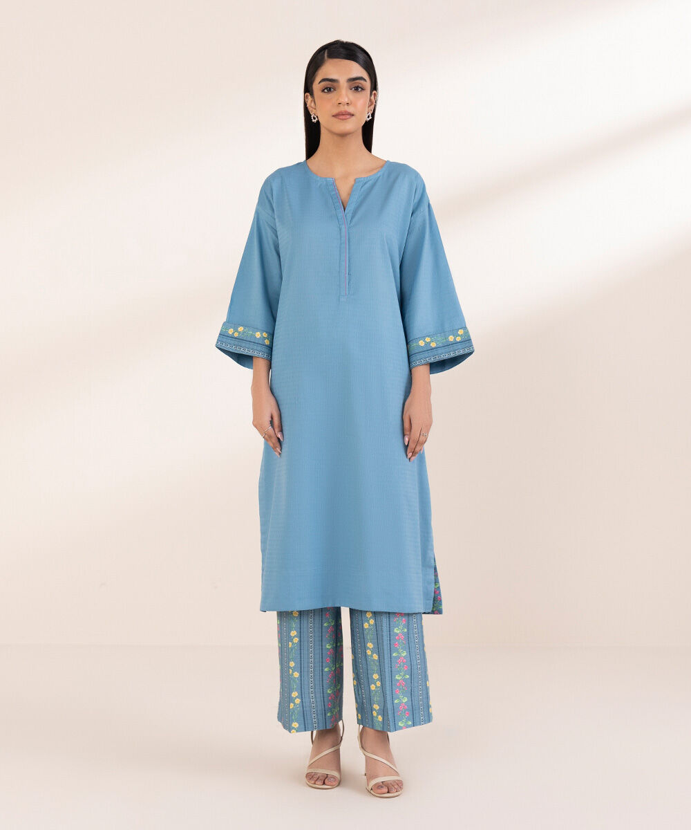 Women's Pret Dobby Blue Solid A-Line Shirt