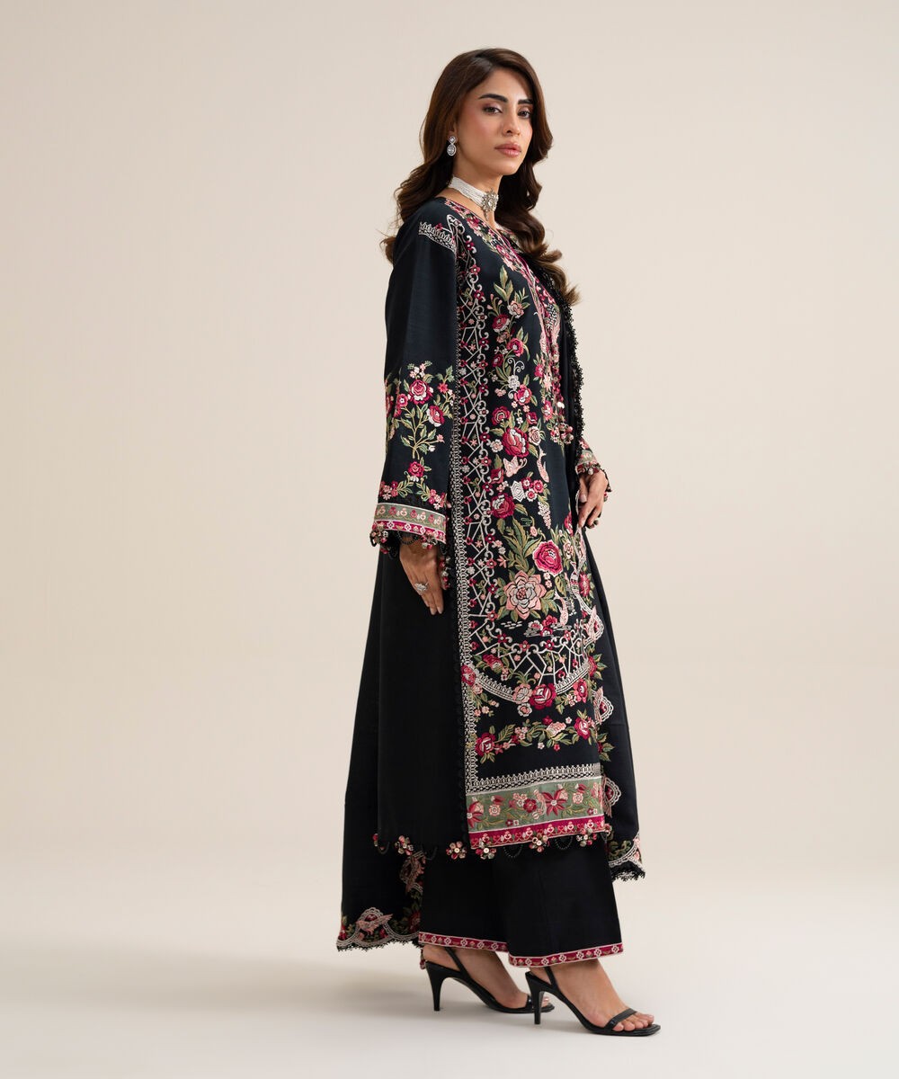 Women's Unstitched Basic Khaddar Embroidered Black 3 Piece Suit