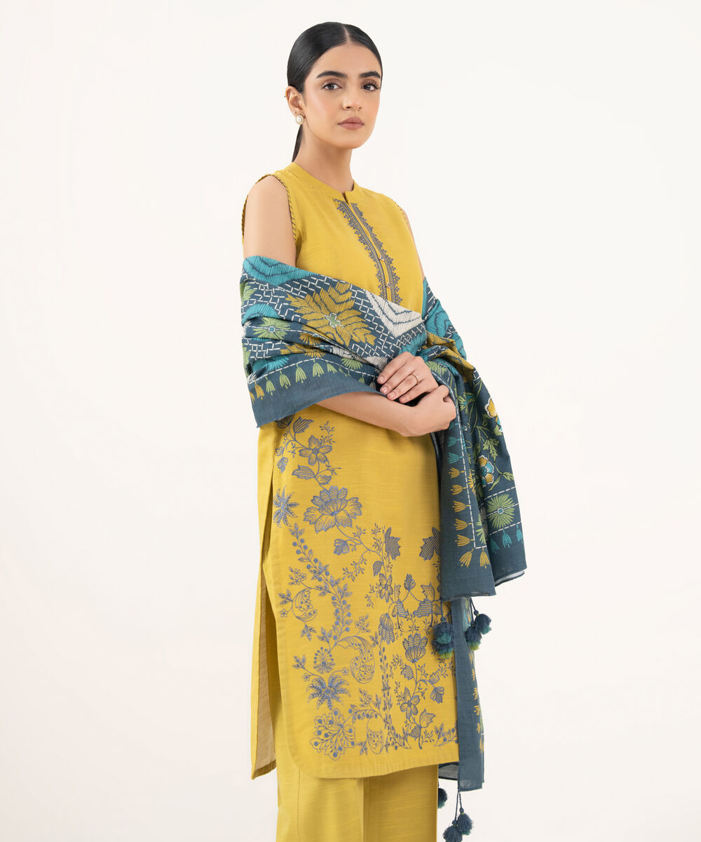 Women's Unstitched Cotton Embroidered Yellow 3 Piece Suit