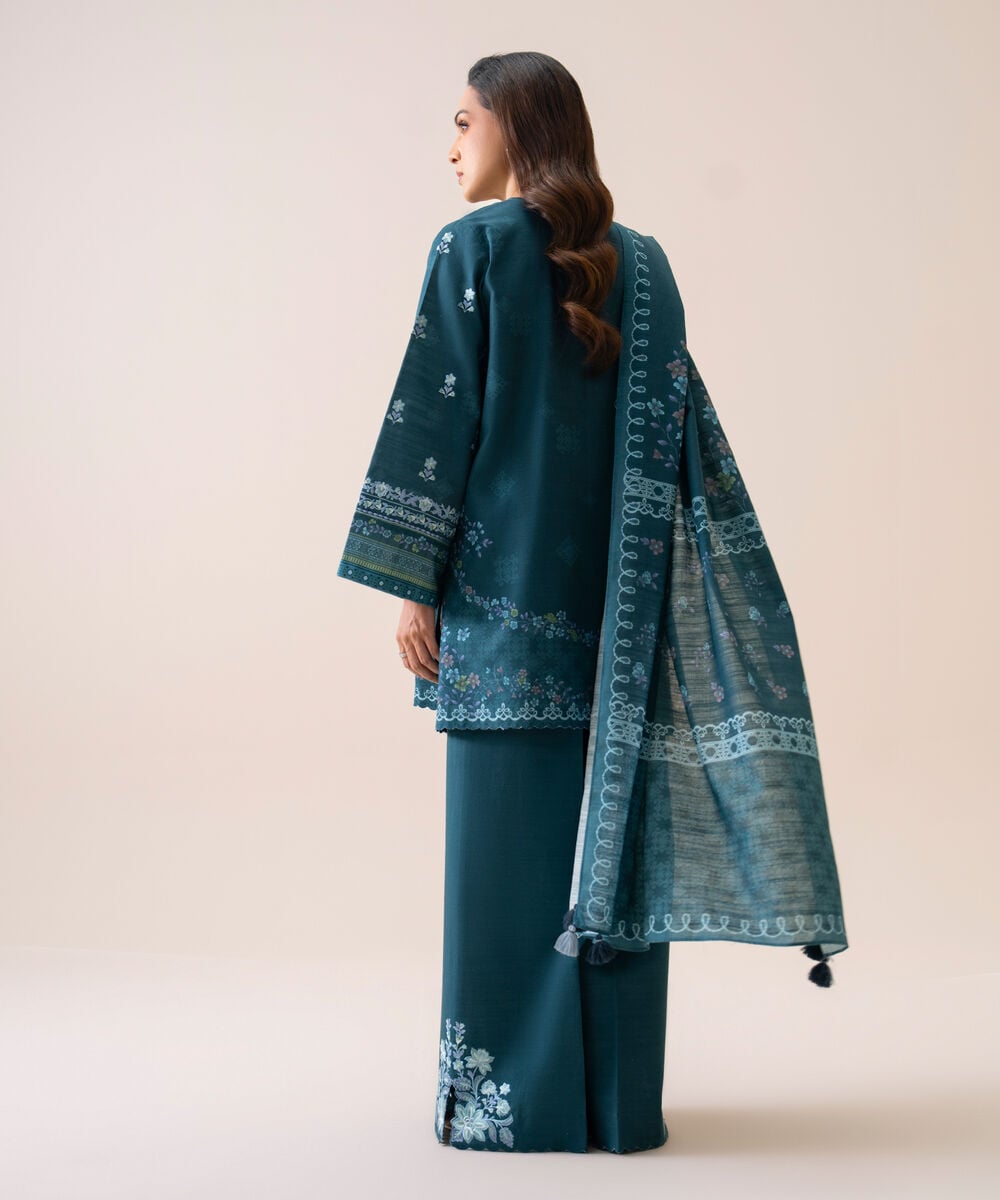 Women's Unstitched Light Khaddar Embroidered Teal Blue 3 Piece Suit