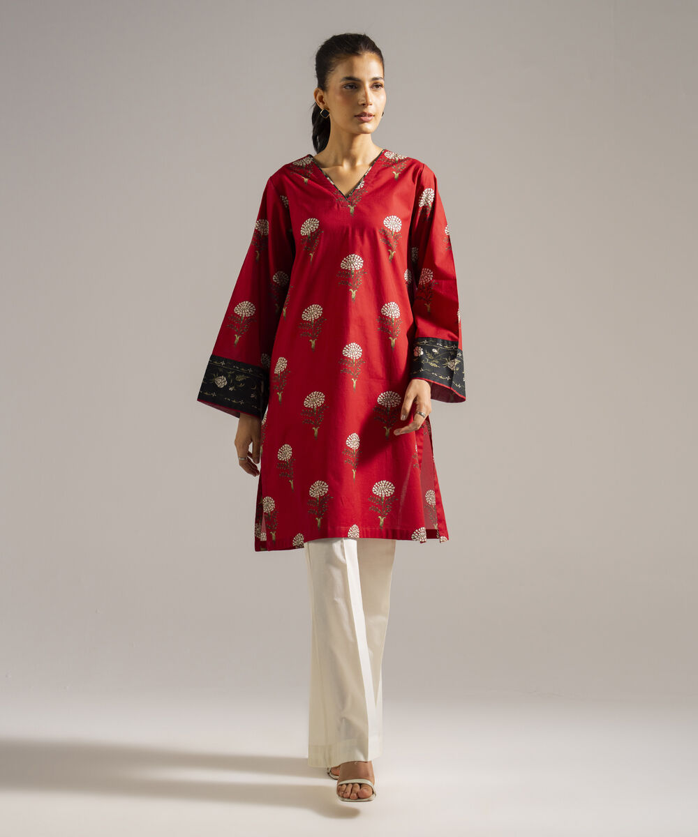 Women's RTW Lawn Printed Red Straight Shirt