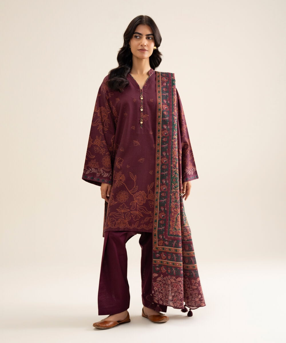 Women's Unstitched Premium Khaddar Printed Maroon 3 Piece Suit