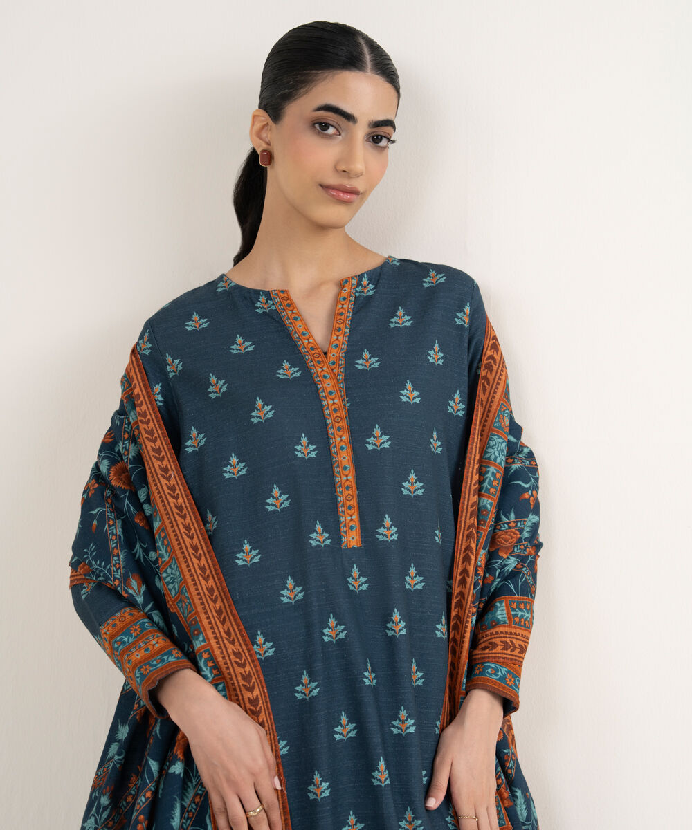 Women's Unstitched Printed Khaddar Midnight Blue & Orange 3 Piece Suit