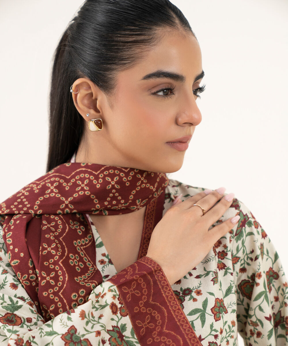 Women's Unstitched Cotton Printed Off White Three Piece Suit