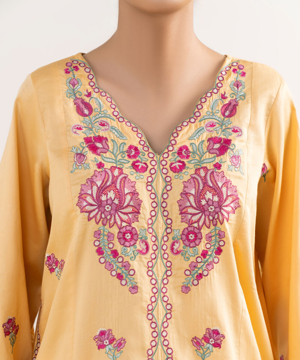Women's RTW Cotton Satin Orange Embroidered A-Line Shirt