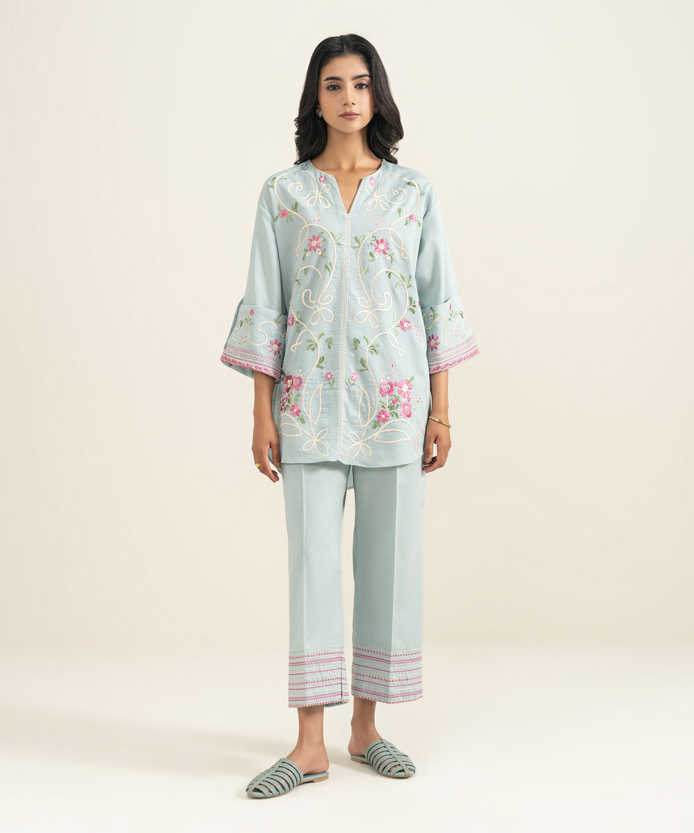 Women's RTW Dobby Embroidered Blue Straight Shirt