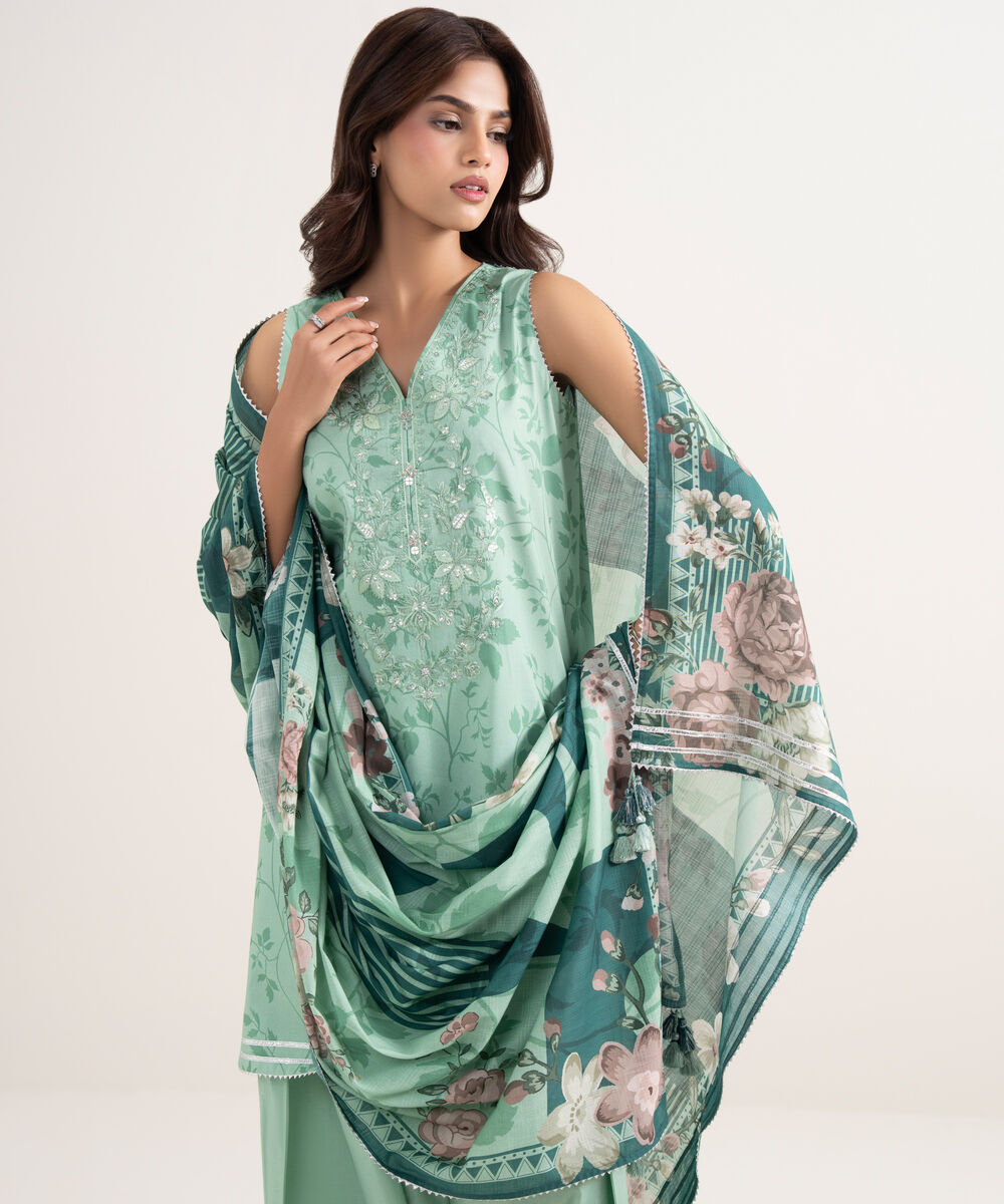 Women's Unstitched Lawn Green Embroidered 3 Piece Suit