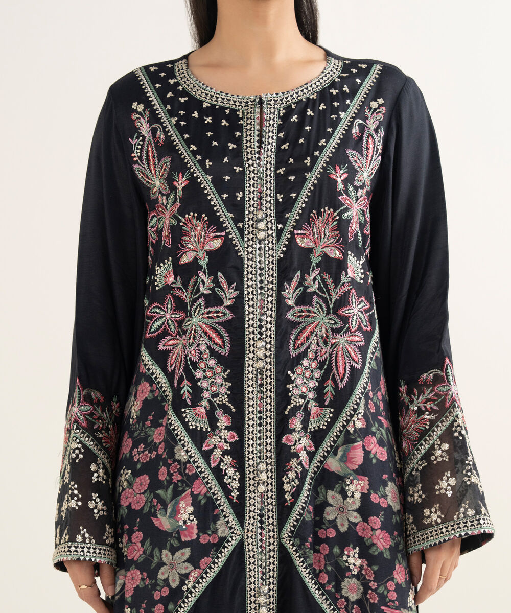 Women's RTW Viscose Raw Silk Embroidered Black 2 Piece Suit