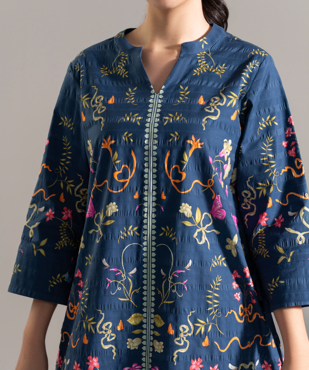 Women's RTW Seersucker Printed Blue Straight Shirt