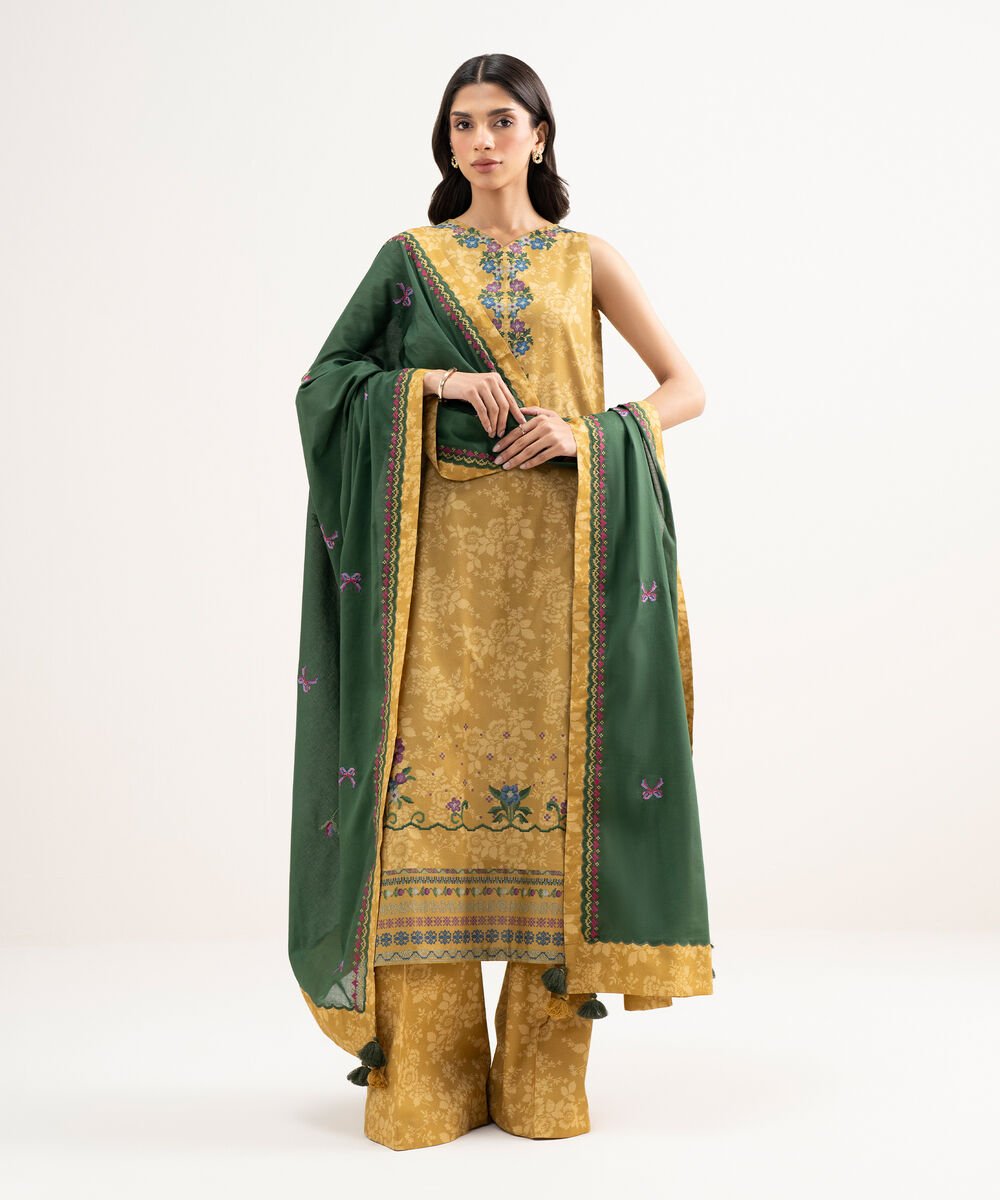 Women's Unstitched Lawn Embroidered Yellow 3 Piece Suit