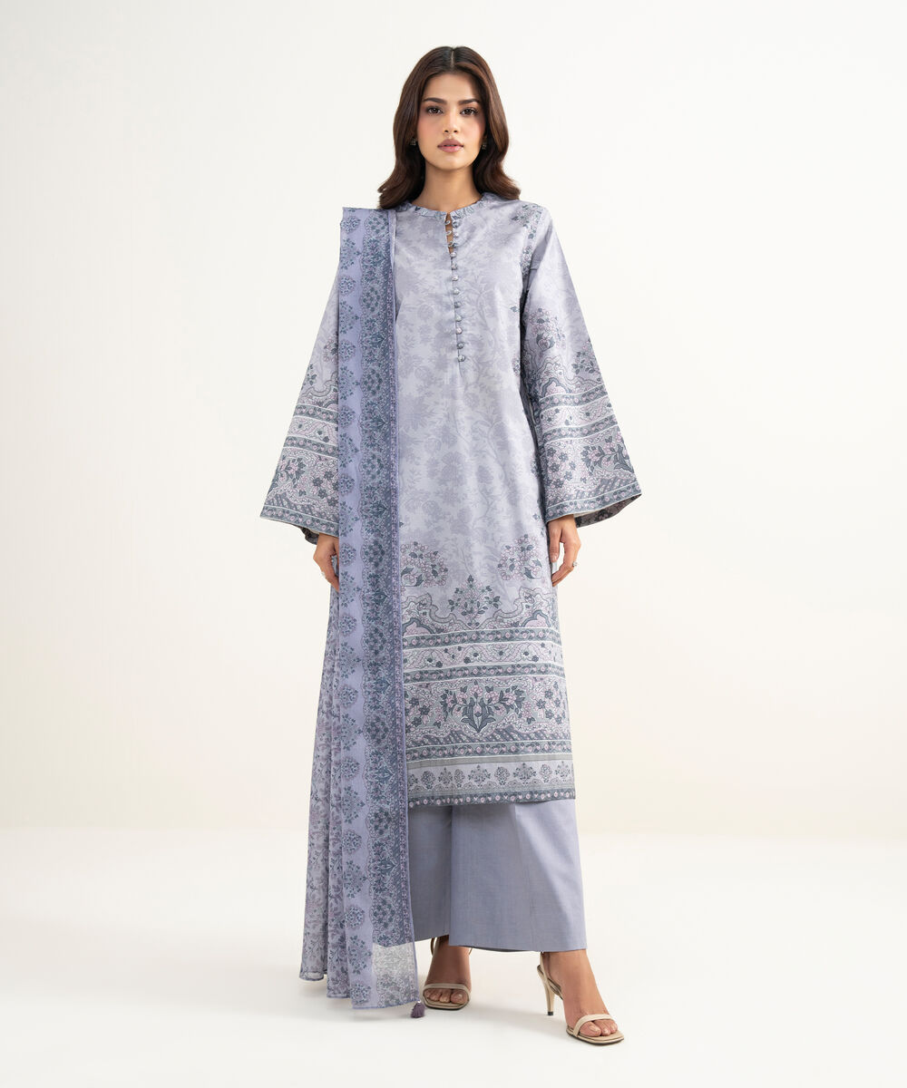 Women's Unstitched Zari Lawn Embroidered Grey 3 Piece Suit