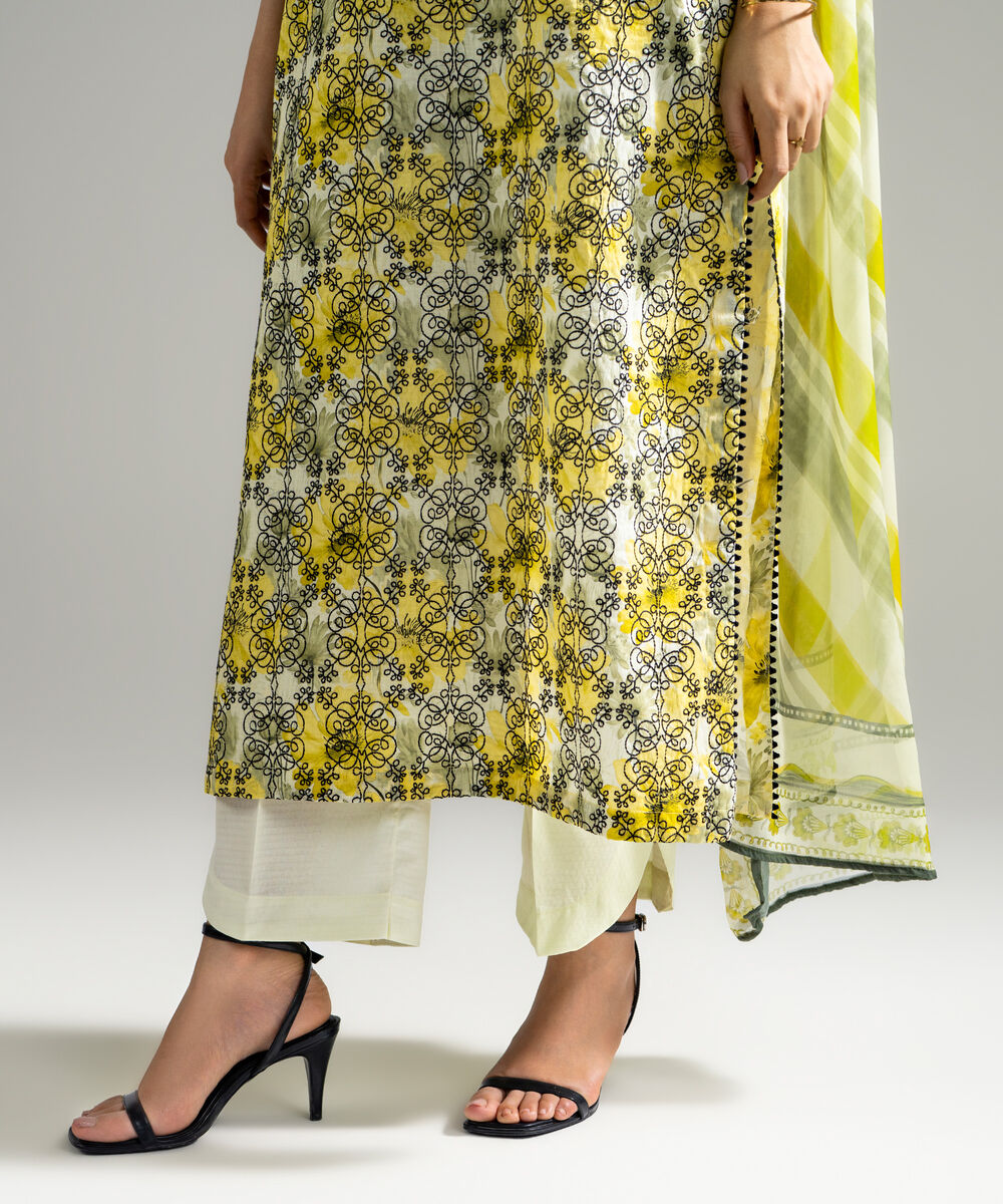 Women's RTW Dobby Embroidered Yellow 3 Piece Suit