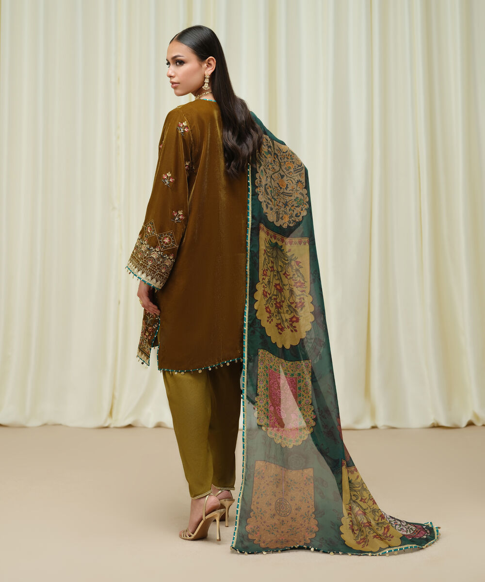 Women's Unstitched Velvet Embroidered Brown 3 Piece Suit