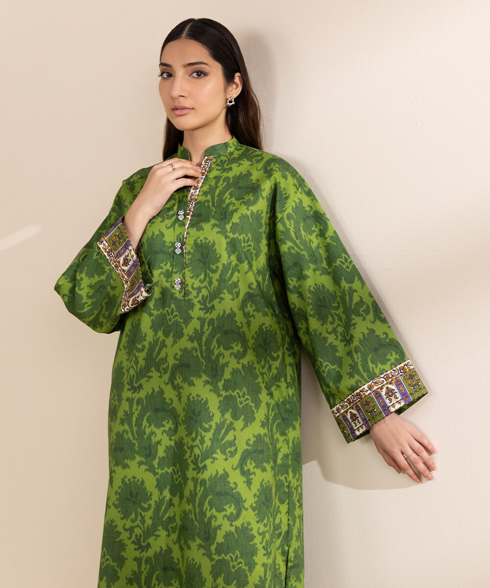 Unstitched Women's Green Lawn Printed Shirt Trousers